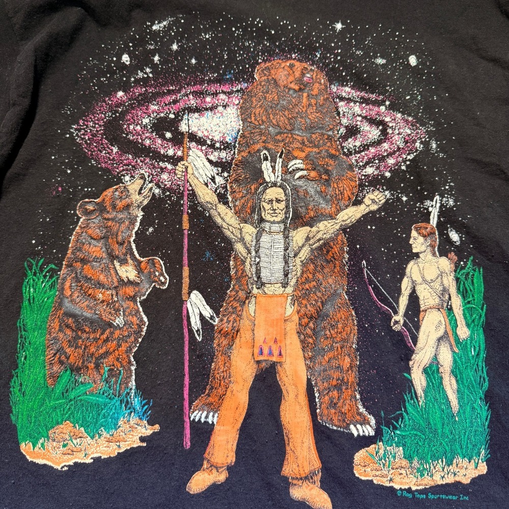 VTG Native American Shirt Men L Black Puff 3D MADE IN USA Fruit Loom Animals - Picture 2 of 12